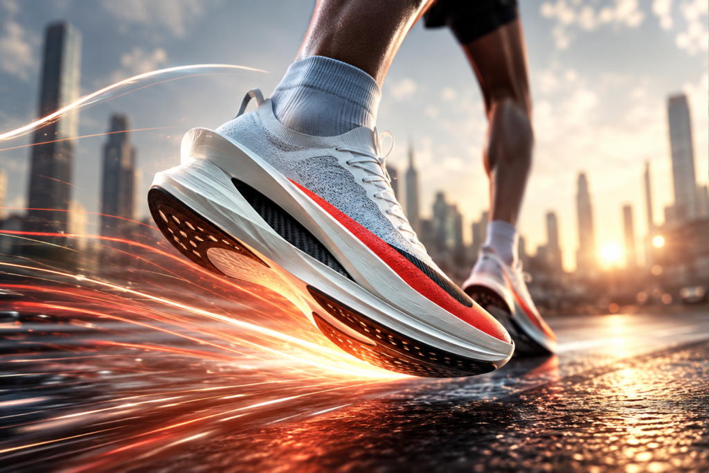 Runner wearing a modern carbon-plated racing shoe with thick foam cushioning while sprinting on a city street at sunset.