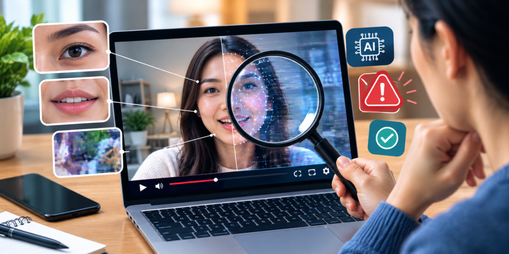 Split-screen comparison showing subtle visual glitches in an AI-generated deepfake video face versus a real video
