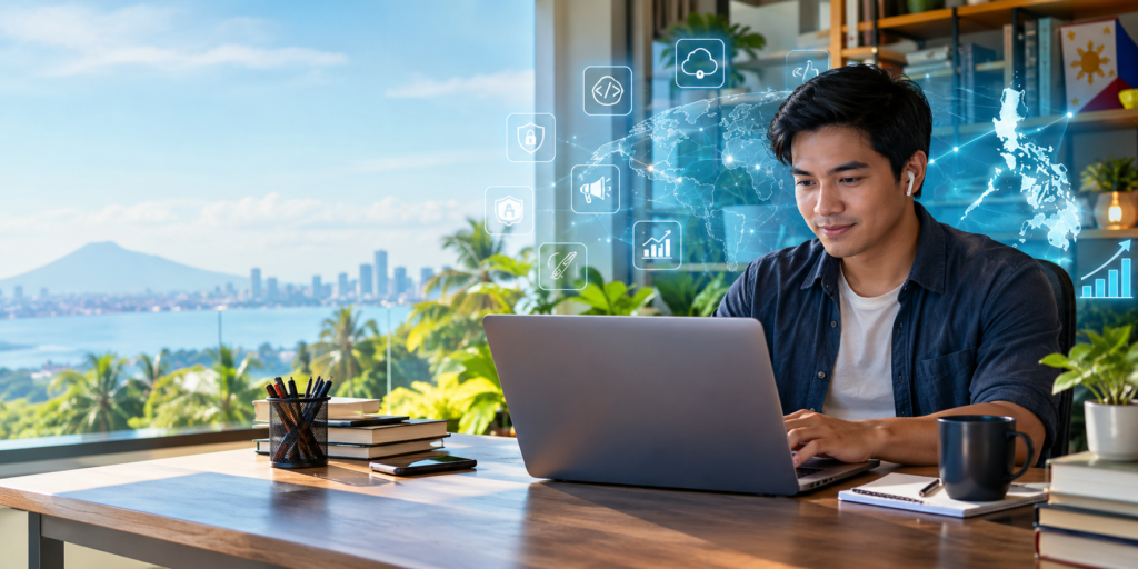 Filipino working on his laptop with the Philippine icon Mayon Volcano in the background