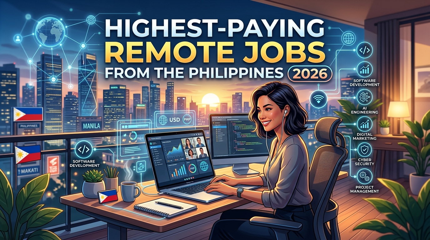 Filipino remote professional working on a laptop at home, representing the highest-paying remote jobs available from the Philippines in 2026