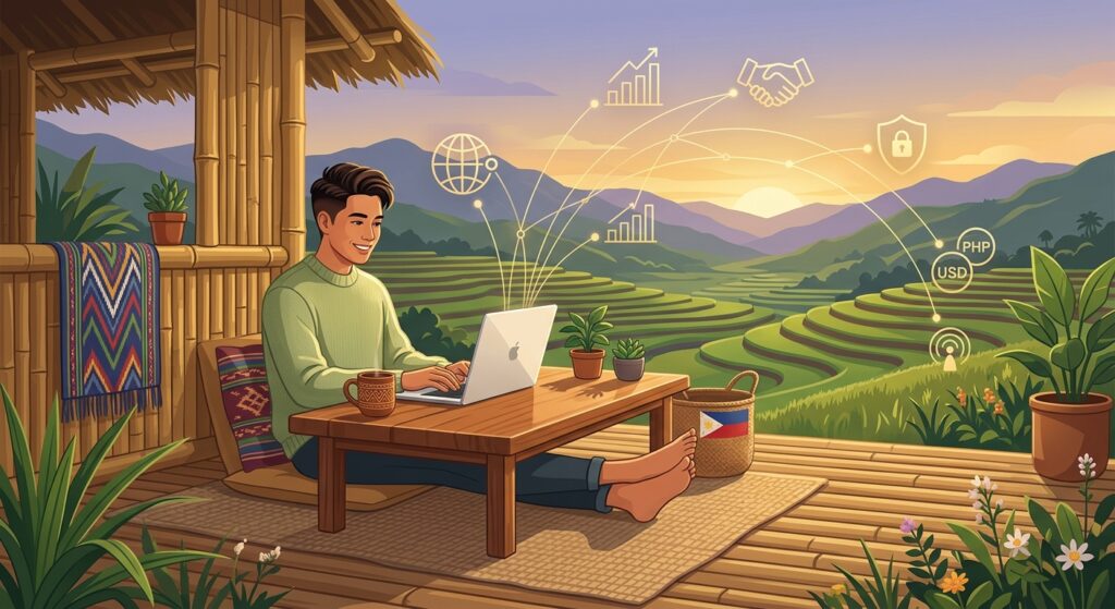Filipino working remotely from the farm with a laptop