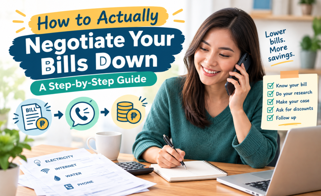 Person on a phone looking at bills and taking notes and negotiating