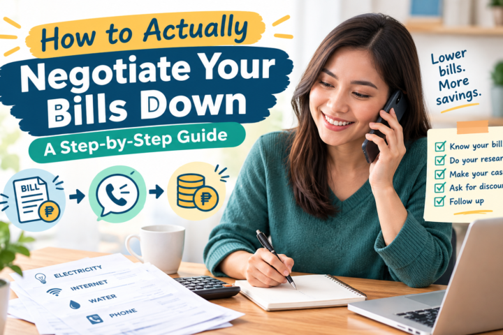 Person on a phone looking at bills and taking notes and negotiating