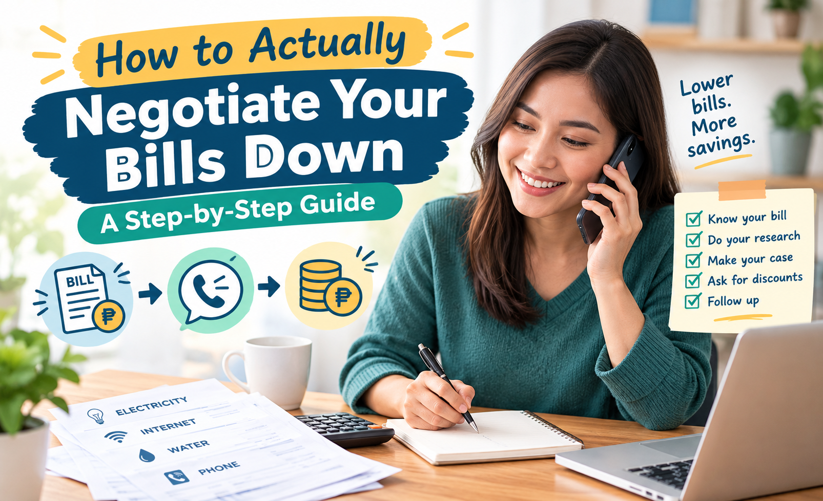 Person on a phone looking at bills and taking notes and negotiating