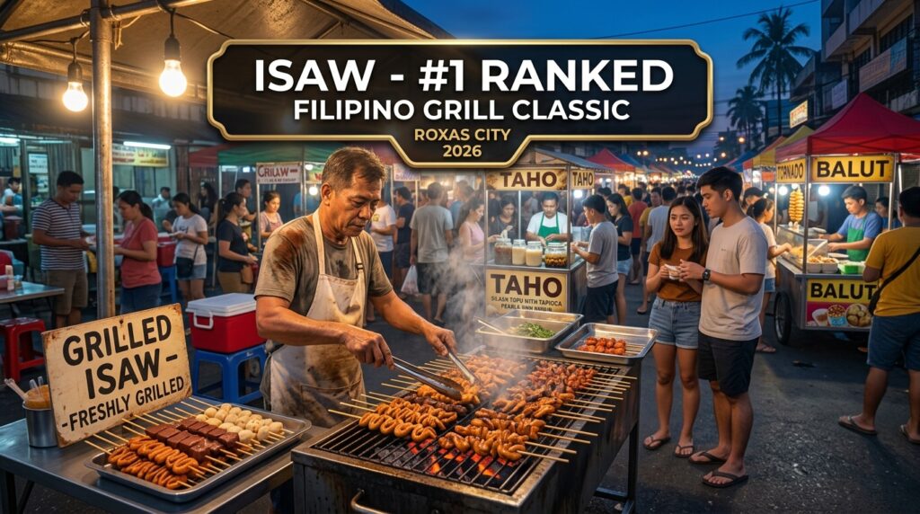 Filipino street food vendor grilling isaw skewers over charcoal at a night market