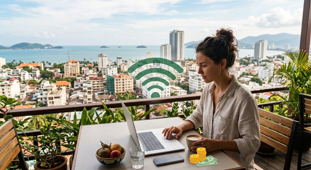 female digital nomad working in south east asia